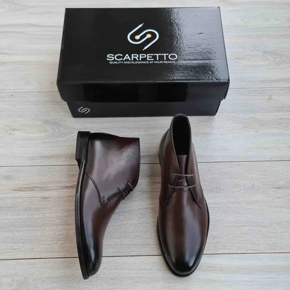 Premium Leather Brown Chukka Boots, Mens Lace-up Ankle Boots, Hand-Stitched Sole